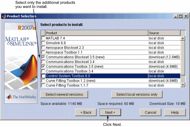 product and folder selection dialog box