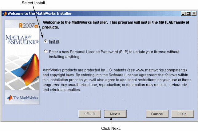 Welcome to the MathWorks Installer dialog box